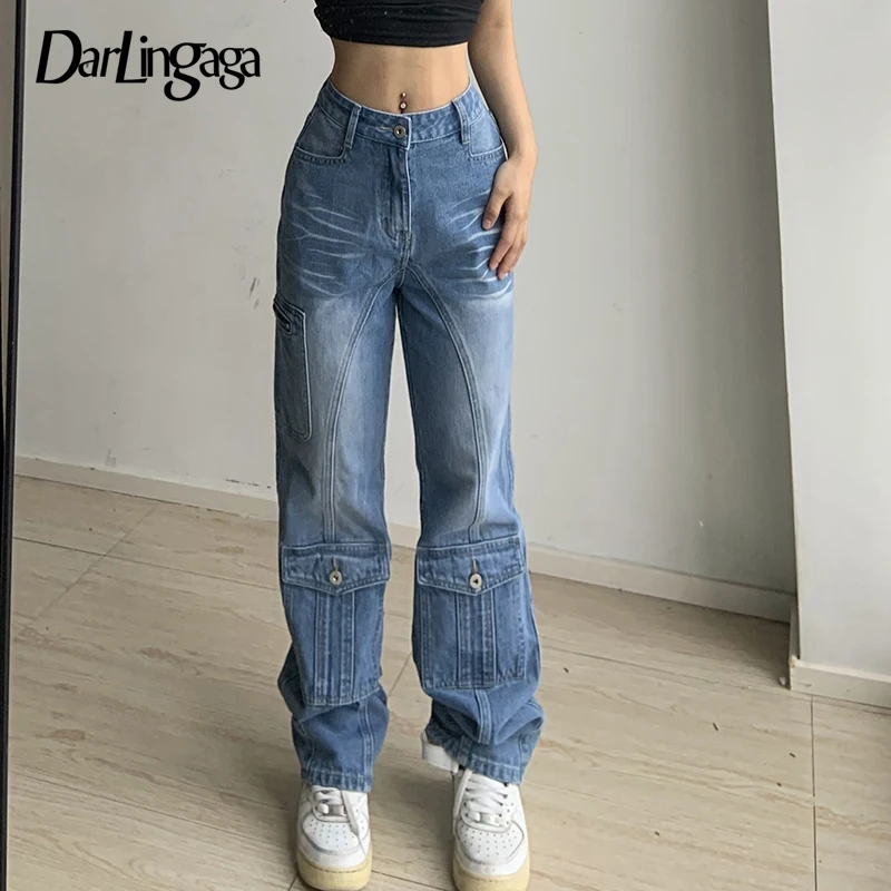 

Джинсы Darlingaga Y2K женские с высокой талией, модные брюки из денима с карманами и градиентом, повседневные мешковатые джинсы, уличная одежда, 2022
