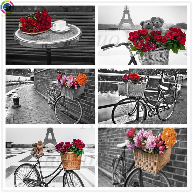 Алмазная живопись 5d Черно-Белая Башня красная роза и велосипед мозаика настенный