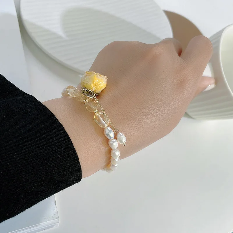 

Fashion Jewelry Natural Freshwater Pearl Bracelet Hot Sale Beaded Yellow Flower Charm Bracelet For Elegant Lady Gifts