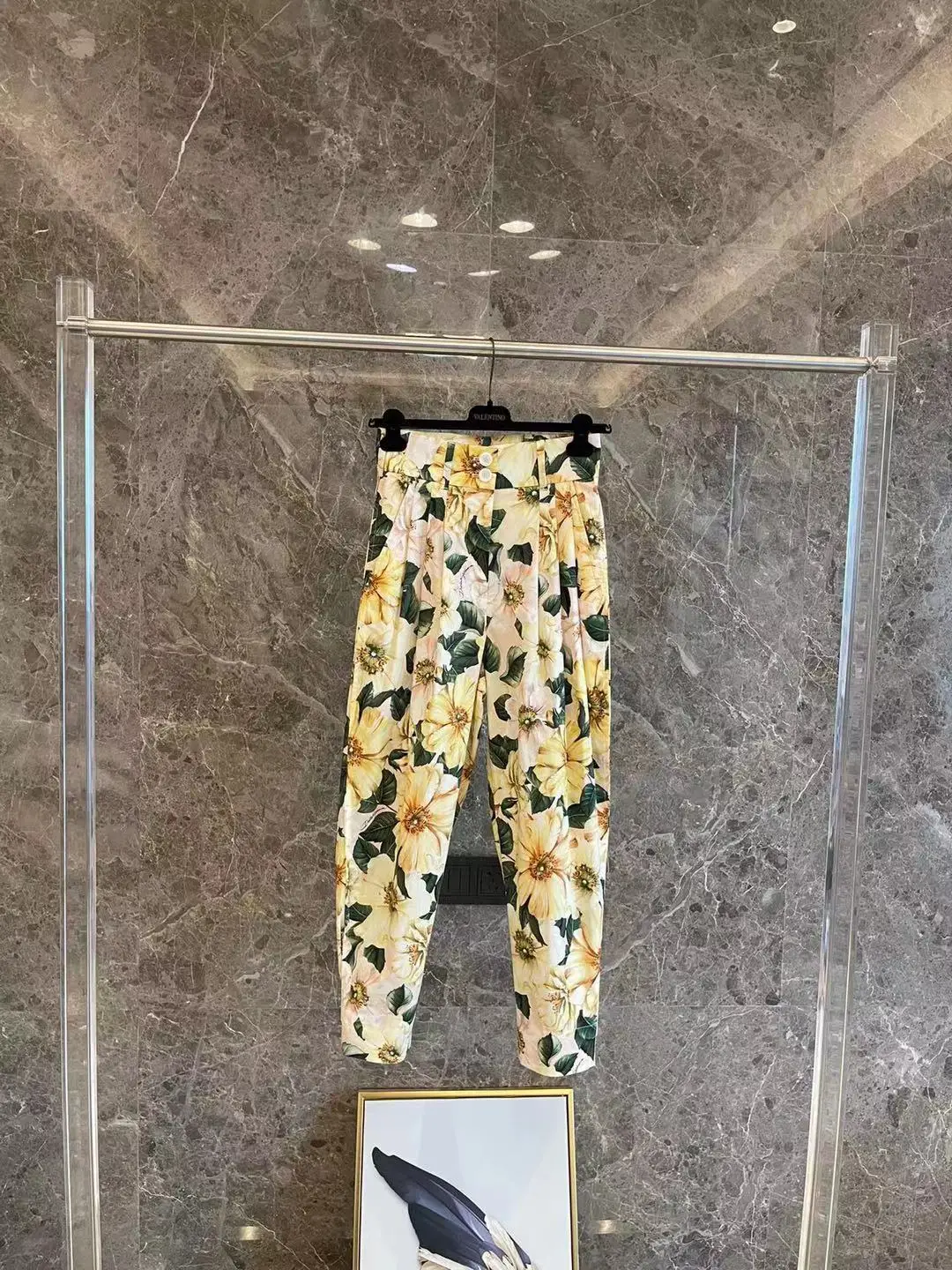 

Pants Women 2021 Summer Camellia print Floral Cotton Poplin Yellow High waisted Slant Pocket Sicily Luxury Runway Runway Casual