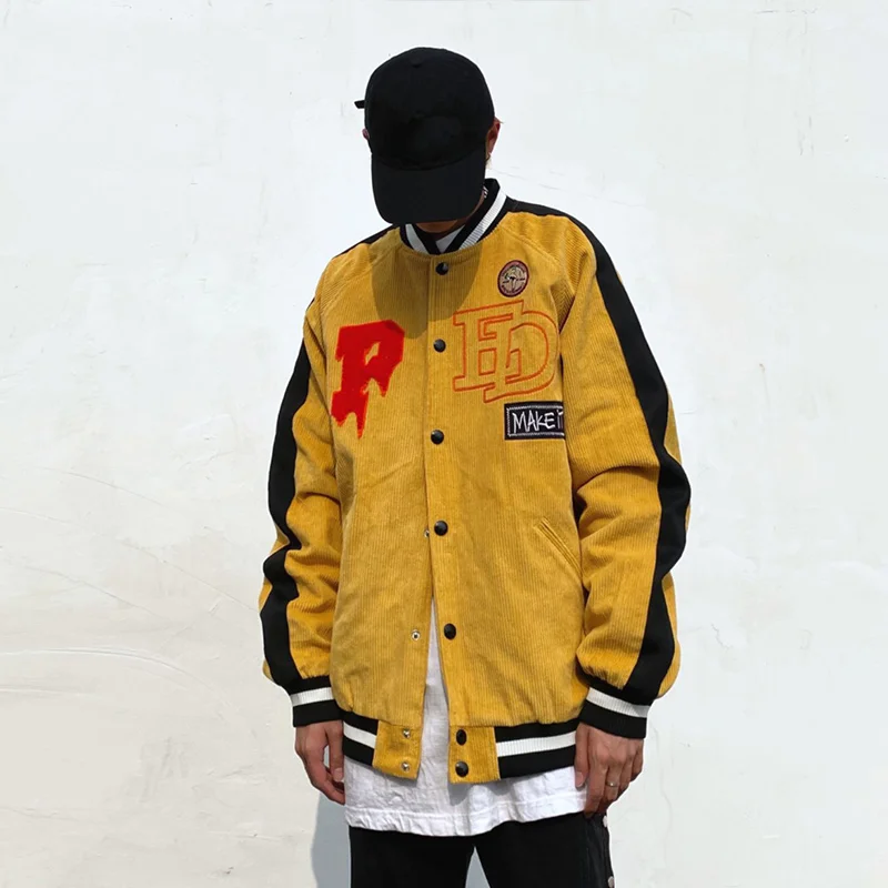 

Streetwear Corduroy Baseball Jackets Women Embroidery Color Matching Loose Baseball Uniform Vintage Hip Hop BF Style Jacket