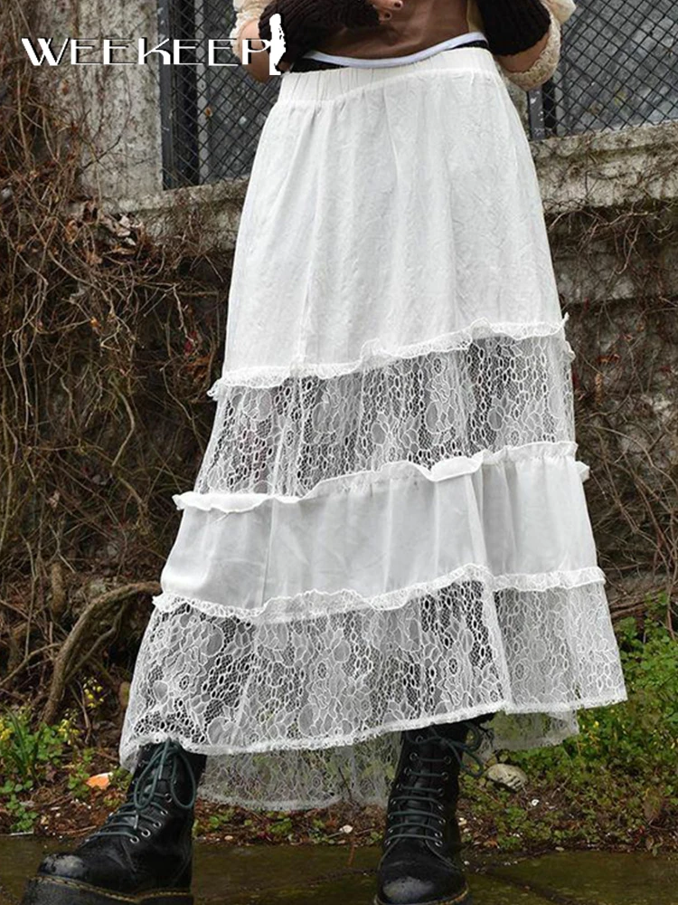 

Weekeep/однотонная белая Длинная женская юбка с эластичной высокой талией, свободная кружевная Лоскутная юбка длиной до щиколотки, Y2k светильн...
