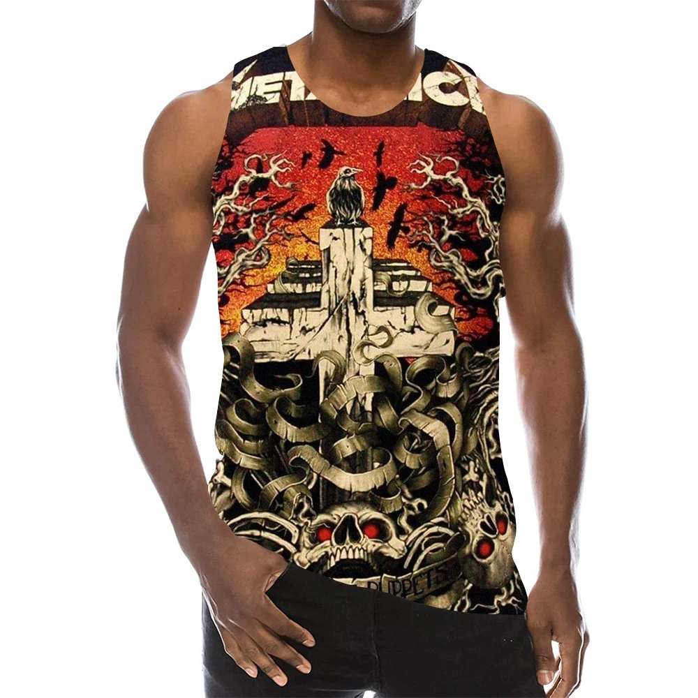 

US Size 2021 Summer New Men Graphic Tank Top Round Neck 3D Print Sleeveless Daily Tops Men Black Abstract Skull Tees