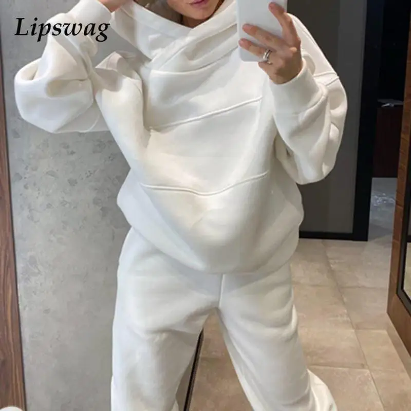 

Повседневный свободный однотонный спортивный костюм, Модный свитшот с капюшоном и брюки с высокой талией, Женский костюм с длинным рукавом ...