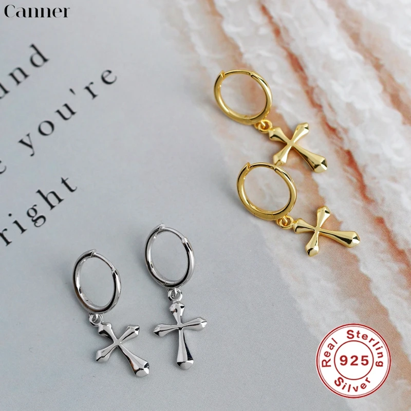 

CANNER 925 Sterling Silver Personality Cross Pendant Hoop Earring Silver Color Hypoallergenic Ear Jewelry For Women Men Gifts