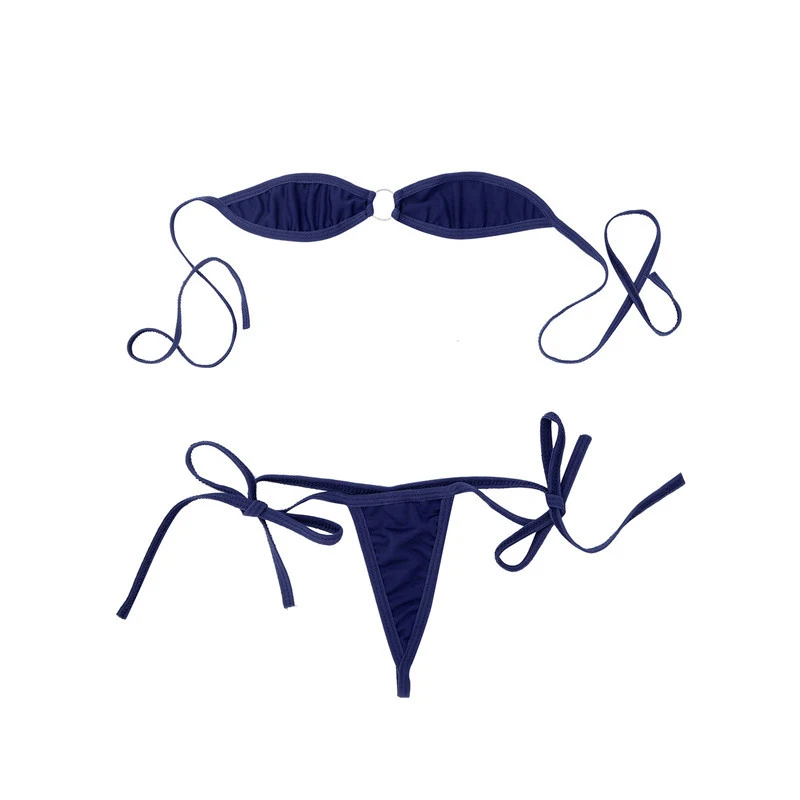 Navy Blue Сексуальное женское экзотическое мини микро бикини, набор, минимальное покрытие, самозавязывающийся бюстгальтер с открытыми плечами, топ, стринги, трусы, Пляжное нижнее белье - Цвет: Navy Blue