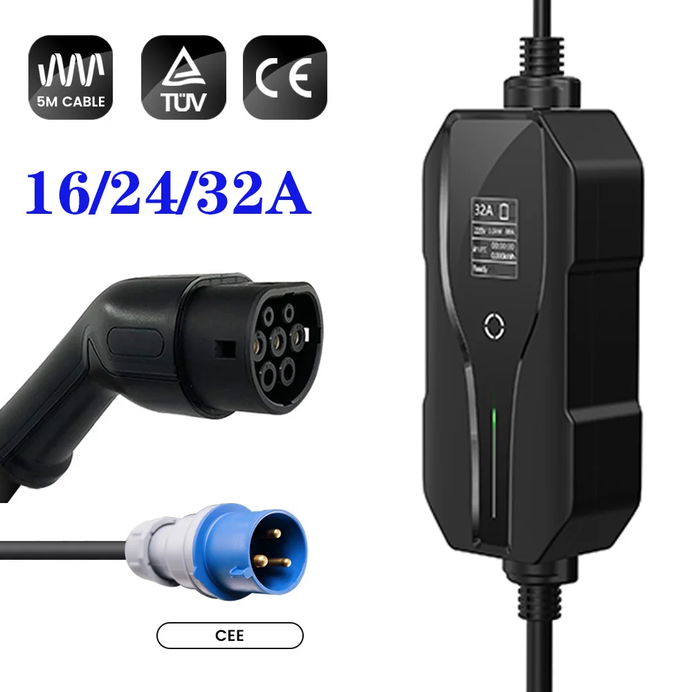 type 2 portable ev charging level 2 32 amp electric vehicle charger 7 4kw cee plug 220 240v evse car charger cable iec 62196 2 free global shipping