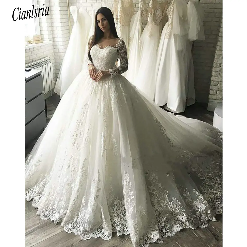 

Elegant Long Sleeve Lace Up Saudi Arabic Ball Gown Wedding Dress Illusion Back Appliques Dubai Bridal Gown Vestido De Novia