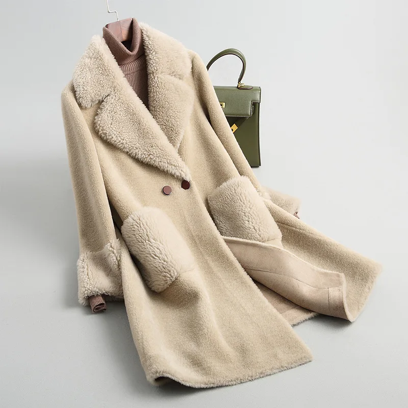 Женская кашемировая куртка средней длины с отложным воротником и большими