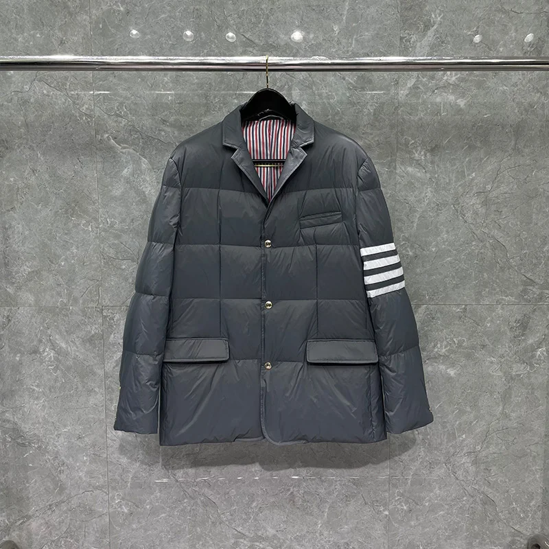 TB THOM Men's Winter Jacket Down Jacket Fashion Brand Gray Suit Down-Filled Matte Nylon 4-bar Stripe Notched Wholesale TB Coat