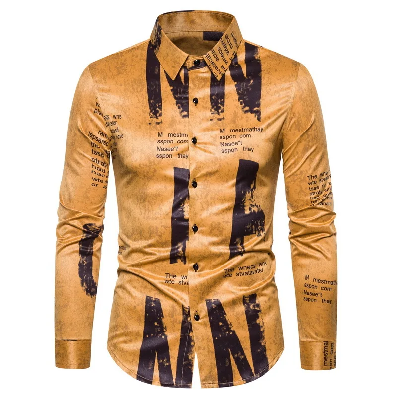 Мужская Повседневная рубашка M-4XL Gold роскошная Модная с длинным рукавом и принтом