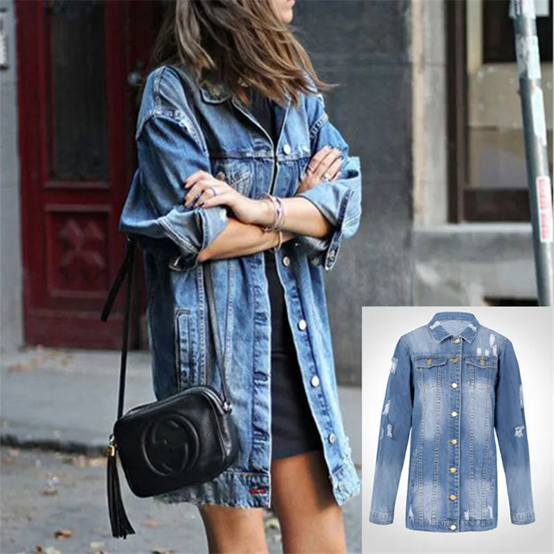 

Woman long Oversized Jean Jacket Ripped Holes Long Sleeve Ladies distressed cool Long Denim Jackets for women plus size