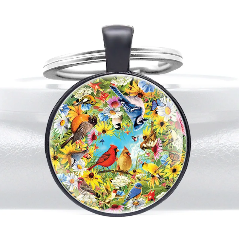 

Beautiful Forest Birds Flowers Cartoon Pattern Glass Cabochon Metal Pendant Key Chain Decoration Jewelry Gift