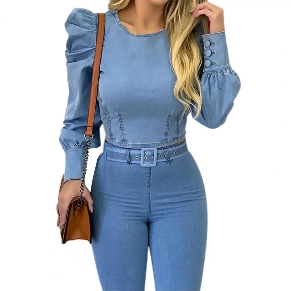 

Women Blouse Puff Sleeve Sexy Long-Sleeved Imitation Denim Shirt for Party Spring Autumn