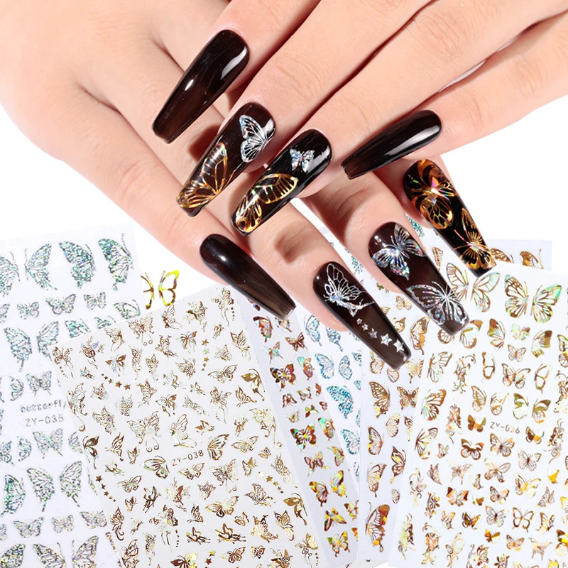 

Nail art butterfly nail stickers spring ultra-thin stickers holographic laser gold and silver sticker decals nail art decoration