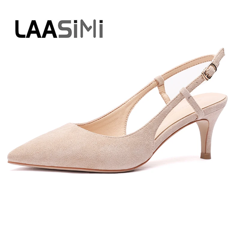 

LAASIMI 2020 Women's Summer Sandals Heel Shoes Woman 6cm High Heels Slingbacks Shoes Female Thin High Heels Pint Toe Flock Pumps