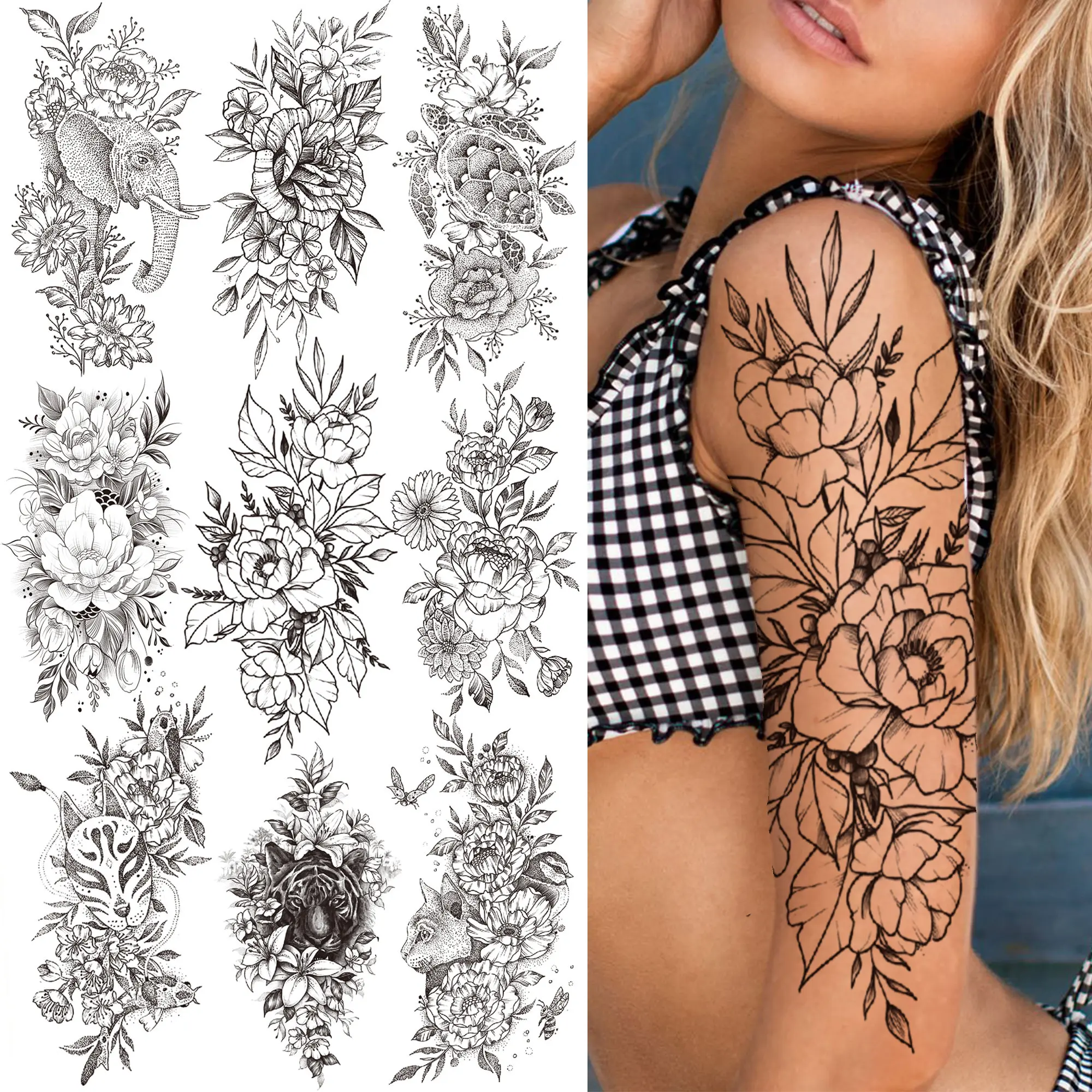 

Realistic Fake Peony Temporary Tattoos For Women Girl Black Rose Elephant Flower Tattoo Sticker Tiger Anemone Tatoos Half Sleeve