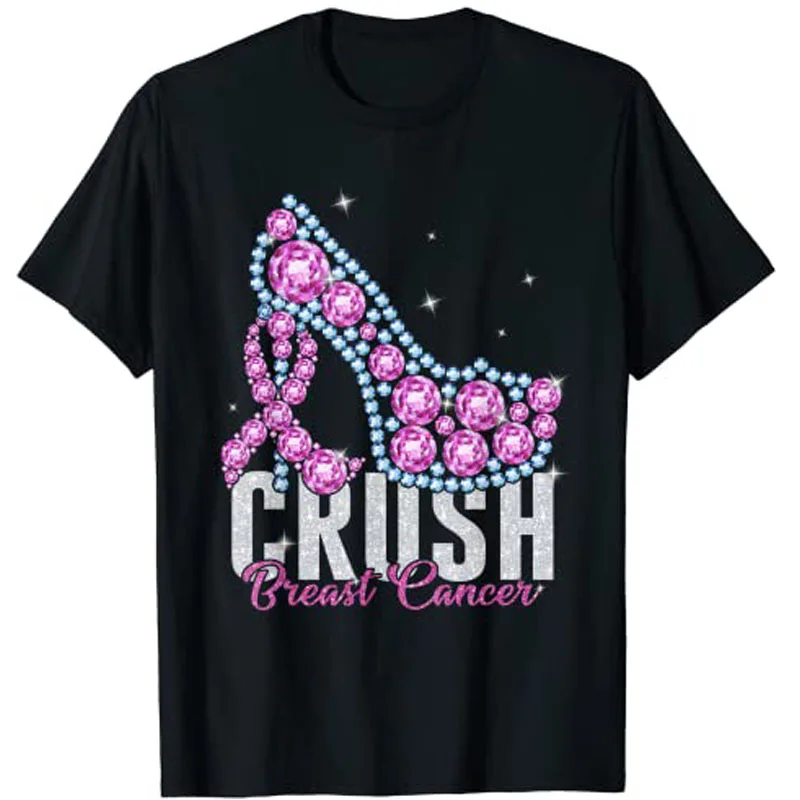 Crush Breast Cancer Bling Ribbon T-Shirt Tops Woman T Shirts