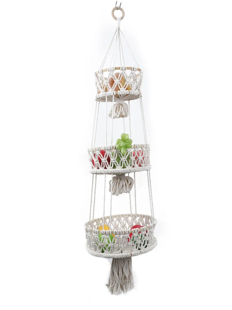 

3 Layers Cotton Rope Woven Basket Home Decoration Wall Hanging Fruit and Vegetable Storage Basket Rattan Plant Basket Flower Pot