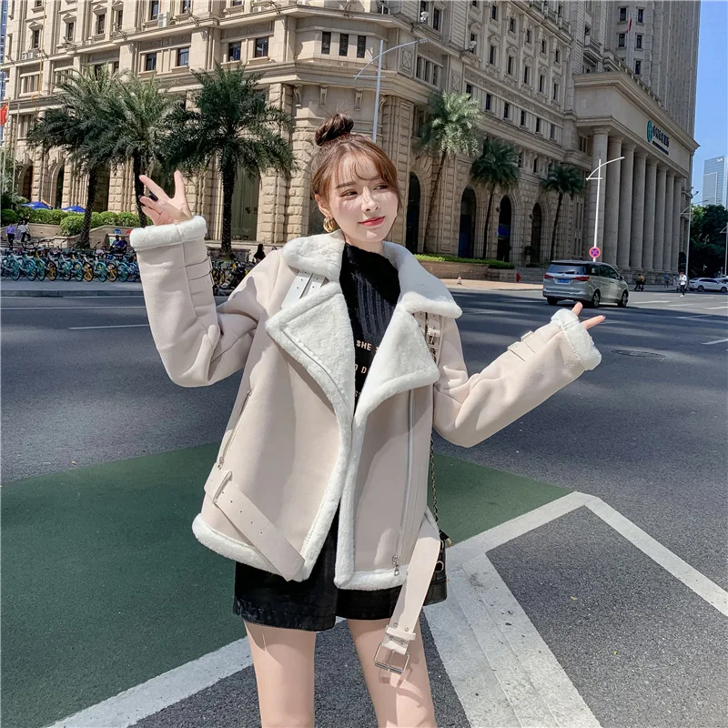 

2020 Winter New Style Loose Plus Velvet Thick Cotton Jacket Mid-Model Fur One Deerskin Velvet Cotton Motorcycle Jacket Women