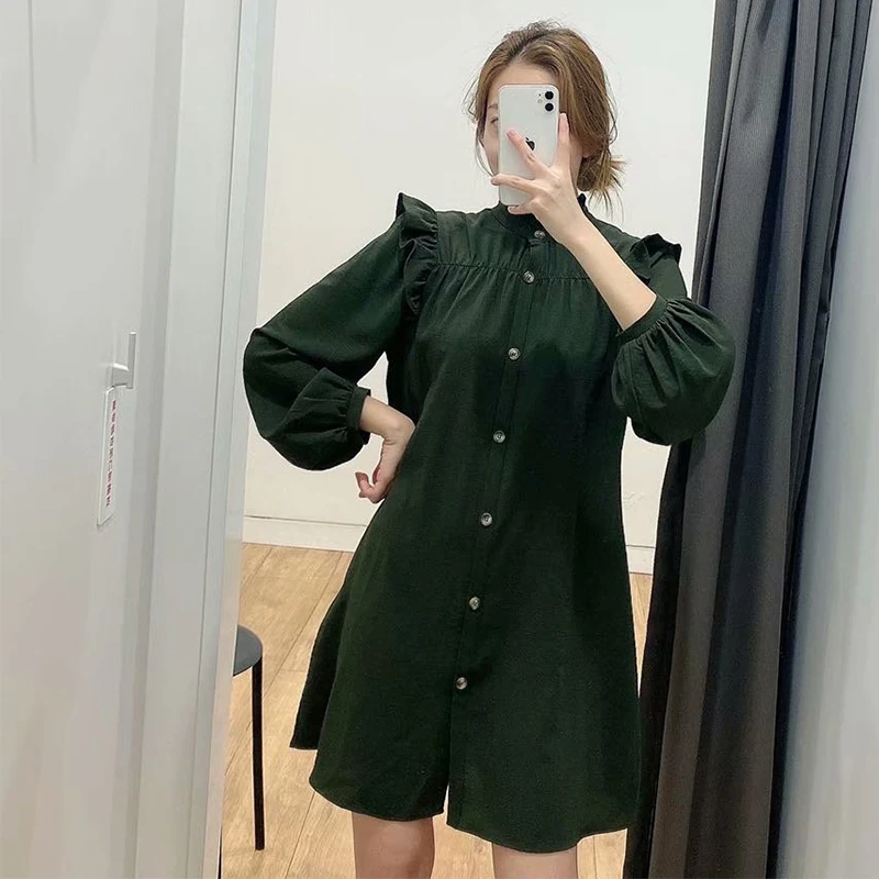 ZA 2020 new women Retro Casual lace decoration Lantern SleeveElegant Ruffled Dresses Ladies Loose Vestidos Dress | Женская одежда