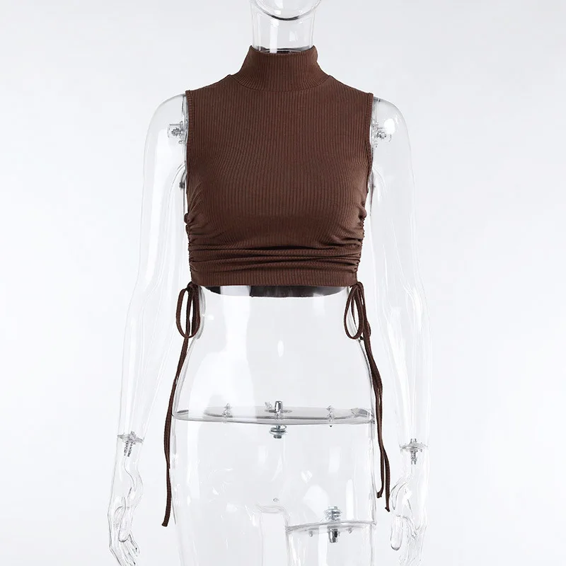 

Fantoye Women Rib Knitted Ruched Side Drawstring Crop Tops Sexy O Neck Sleeveless Slim Camis Femme Casual Solid Tank Tops Vest