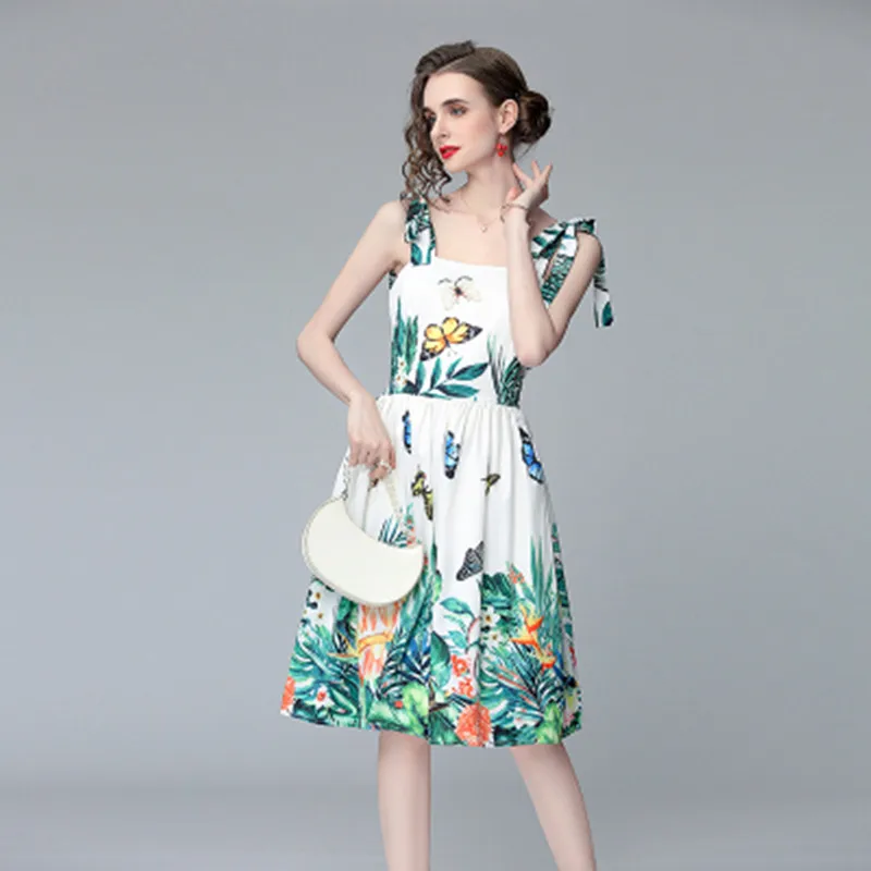 

Runway Women Summer Butterfly Printing Dress Elegant Designer Bowknot Sleeveless Spaghetti Straps Beach Vacation Female Dress