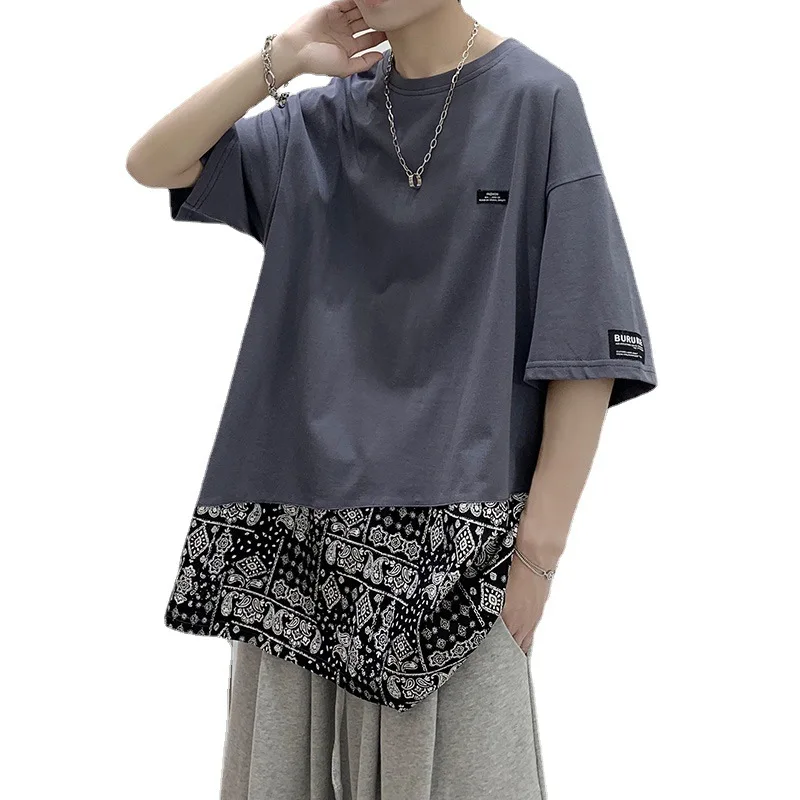 

Splicing cashew flower short sleeve T-shirt men summer popular logo trend INS high street hip-hop five minute sleeve loose