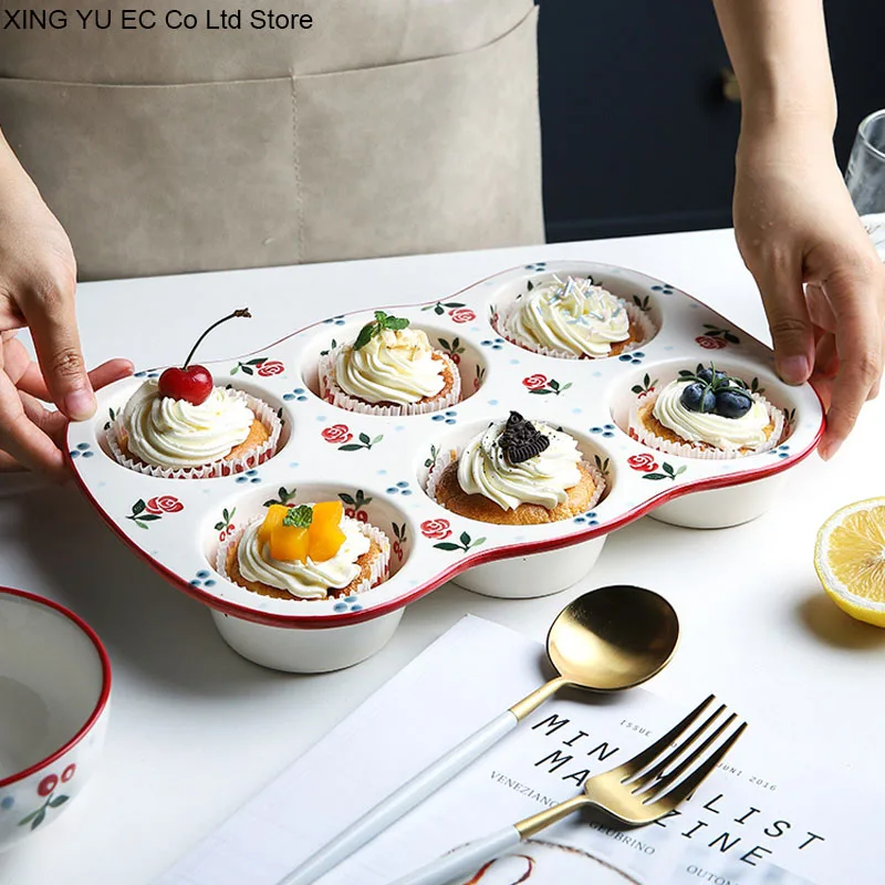 

Cherry 6 Grid Ceramic Baking Tools Rectangular Household Oven Tray White Red Rim Baking Pan Japanese Retro Large Capacity Pan