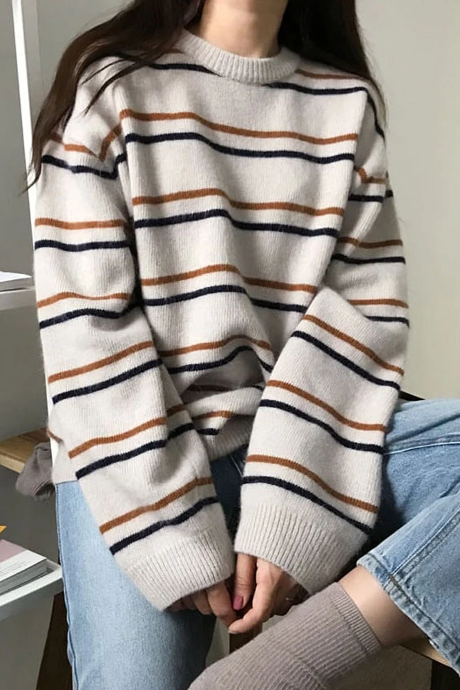 

Pullovers Women Soft Autumn O-Neck Sweaters Chic Daily Tops Womens Pullover Sweet Student Striped Harajuku Knitted Loose Outwear