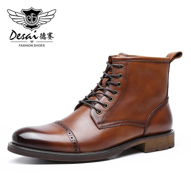 DESAI Mens Boots Genuine Leather Casual Shoes Business Three-Joint High-Top Martin Breathable Fashion