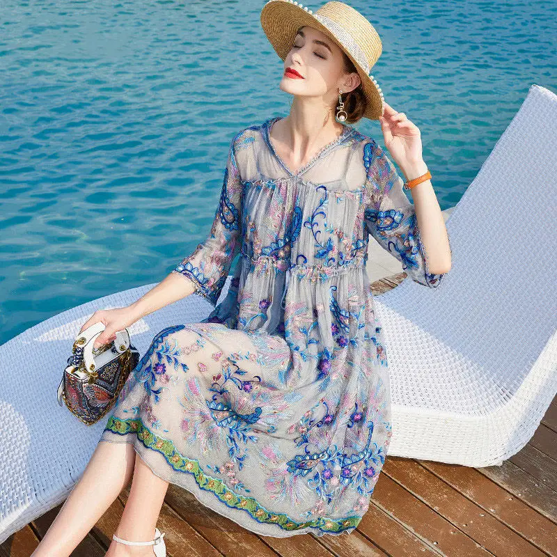 

2021 New Spring Summer Women Fashion Fuax Silk Dresses Vintage Floral Embroidery Dress Elegant Plus Size 4xl Long Vestidos A64
