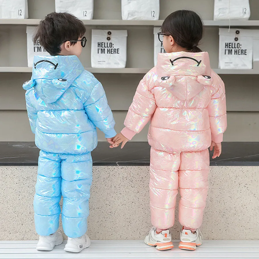 

winter suit for girls 2-8 years Fashion Cartoon Frog Shine Jacket + Minimalist Solid Pants Set Kids Beauty Boys Clothing Set New