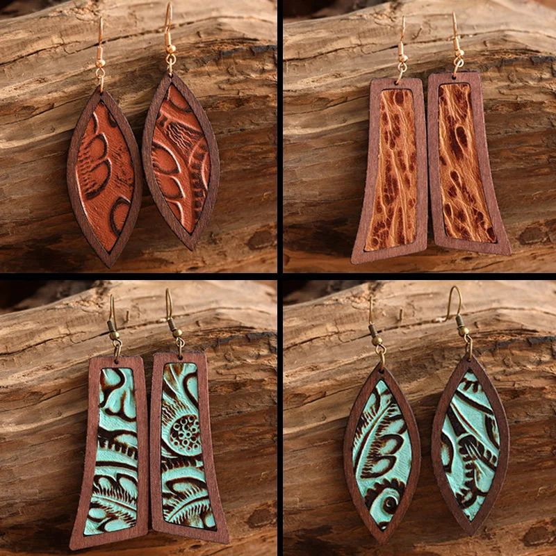 

Fashion Geometric Embossed Floral Leather Wood Edge Women Drop Earrings Bohemia Leaf Dangle Long Earring Jewelry Wholesale