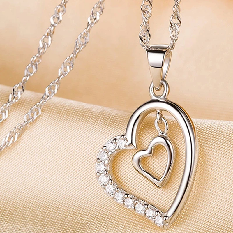 

KOFSAC Exquisite Zircon Double Heart Pendant Jewelry 925 Sterling Silver Necklaces For Women Valentine's Day Accessories Gifts