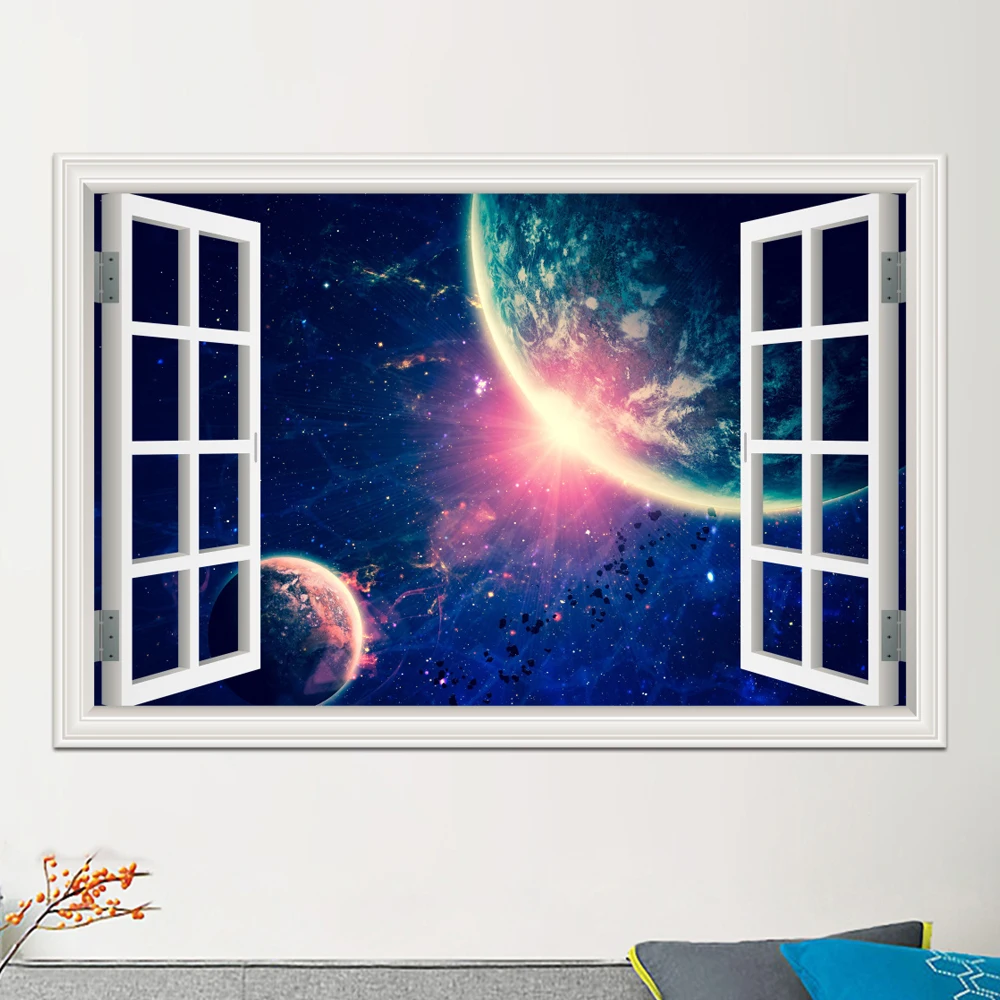 3D окно звёздное небо искусство стены съемные обои для спальни земля в космосе