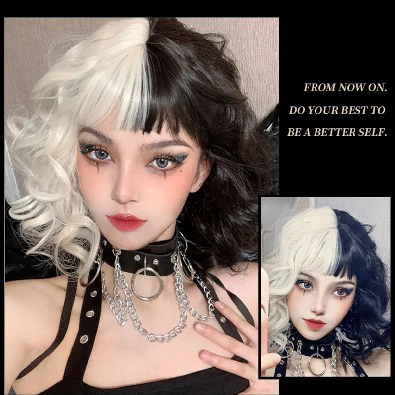 New movie Cruella Wig Short Wig Halloween Cosplay Women's Black and White Synthetic Hair Wig + Wig Hat