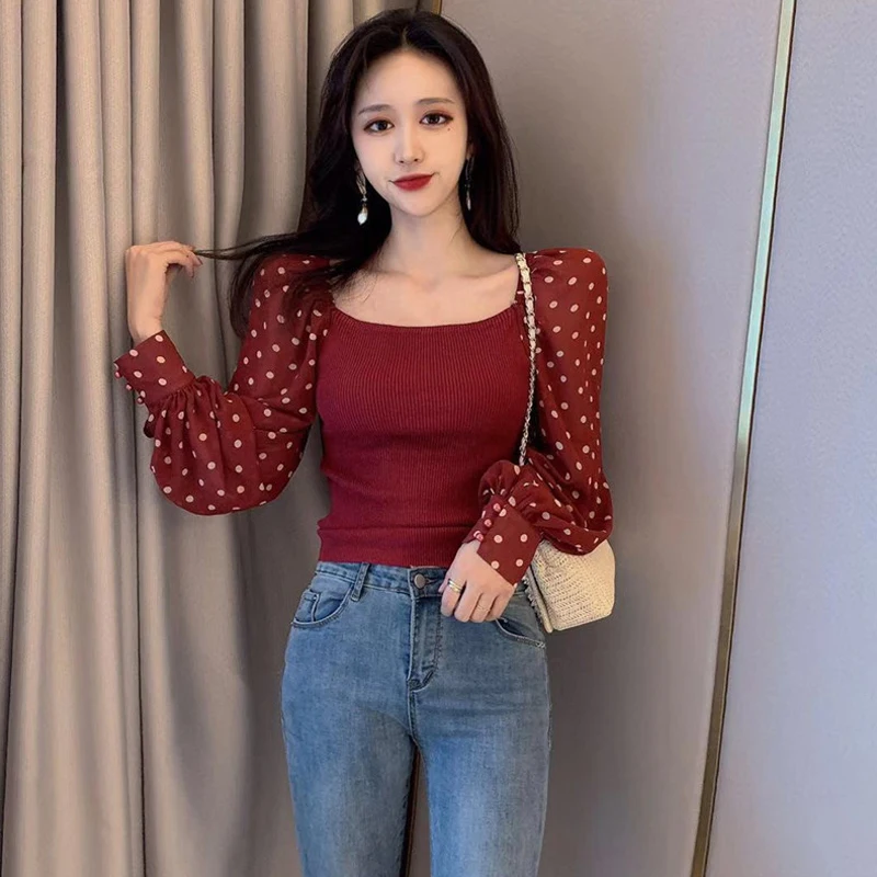 long sleeve dot patchwork T-Shirts Women new spring autumn Korean Self-cultivation slash neck off shoulder temperament tops hot | Женская