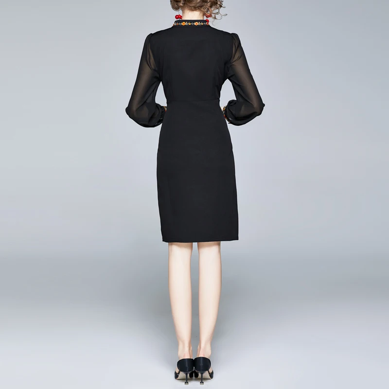 

2021 Women Elegant Casual Office Look Workwear Party Dress Solid High End Vintage Floral Embroidered Dress
