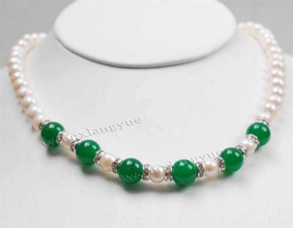 

7-8MM Natural white Akoya Pearl & Green Jades (10MM) Round Beads Necklace 18"