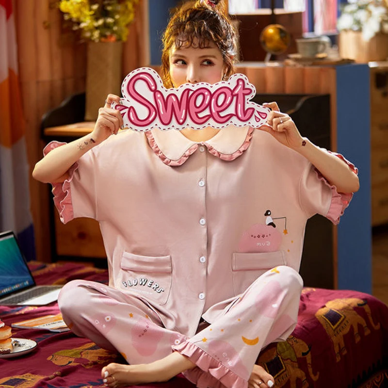 

Plus Size M-4XL Summer Cotton Women Pajamas Set Lapel Cool Loose Pyjamas Leisure Shirts+Trousers Sleepwear Soft Homewear Suit