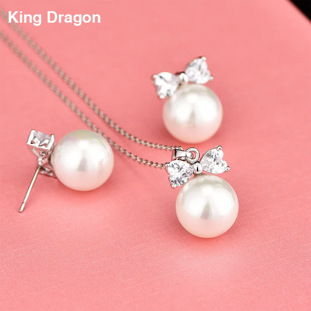Gorgeous Pearl Cubic Zirconia Necklace Earrings Sets White Gold Color For Women Anniversary Jewelry Adjustable Chain CZS-8025