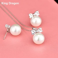 gorgeous pearl cubic zirconia necklace earrings sets white gold color for women anniversary jewelry adjustable chain czs 8025