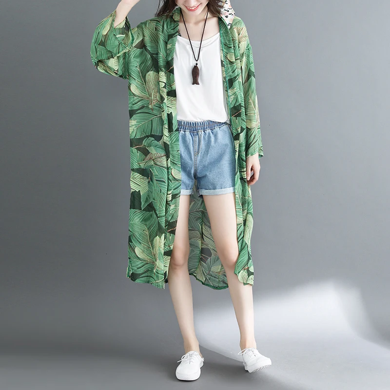 Women Loose Floral Print Blouse Summer Casual Boho Chiffon Coat Shawl Kimono Cardigan Tops Green Shirts Plus 3XL | Женская одежда