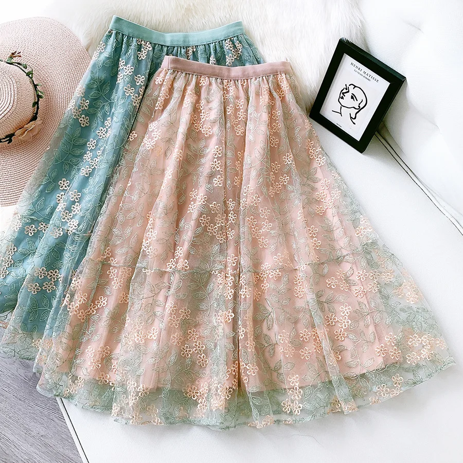 

2021 Women Casual Streetwear Bottoms Summer Temperament Skirts Midi Skirt Embroidery Flower Lady Sweet Knee Length Mesh Skirts