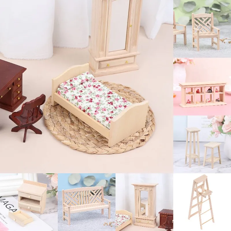 

New Hot！Mini Dollhouse Chair Cupboard Bed Room Wardrobe with Mirror Miniature Kids Pretend Play Toy Developmental Toys