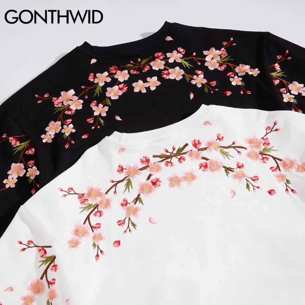 Толстовки GONTHWID в стиле Харадзюку с вышивкой пуловер японским цветком вишни