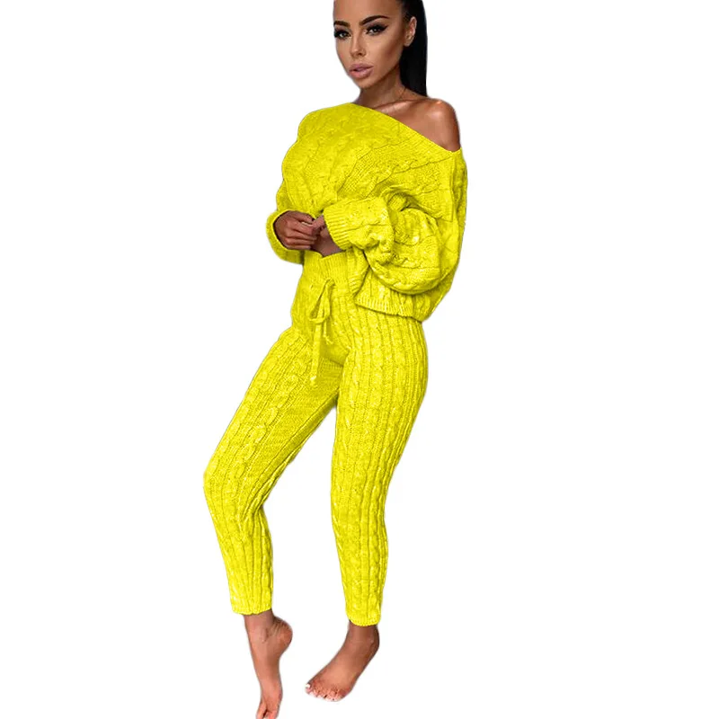 

INS Hottest Women Solid Knitted Two Piece Sets 2020 Autumn Fashion Female's Slash Neck Short Sweater Lace-Up Skinny Pants Sets