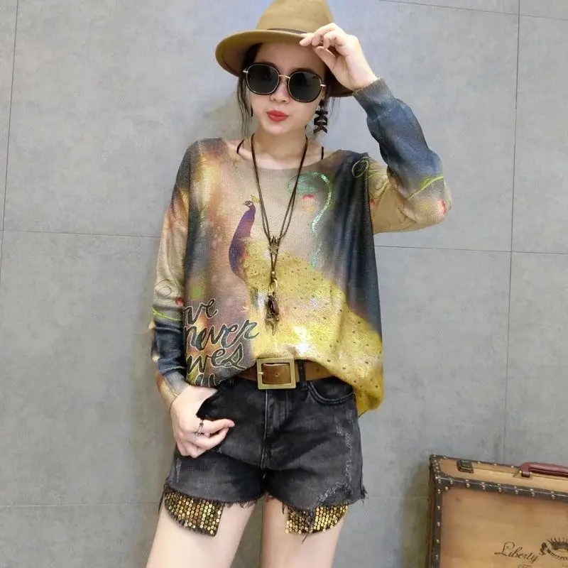 

EBAIHUI Spring Casual Women Thin Sweater Flower Print Contrast O Neck Sweaters Lady Long Sleeve Loose Vintage Jumper Autumn