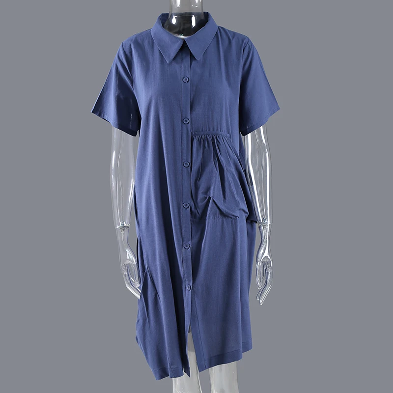 

Women's Formal Dresses Large Size Loose blue Big pocket Robe Short sleeve Cardigan Dress fashion Casual Clothing